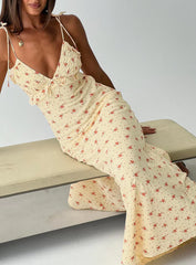 Morcar Frill V Neck Maxi Dress Yellow Floral
