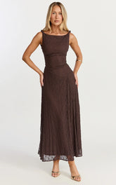 Abby Midi Dress - High Neck Asym Detail Dress in Chocolate