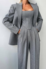 Women’s Three-Piece Trouser Suit – Double-Breasted Blazer, Corset Top, Wide-Leg