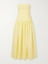 Strapless ruched organic cotton-poplin midi dress