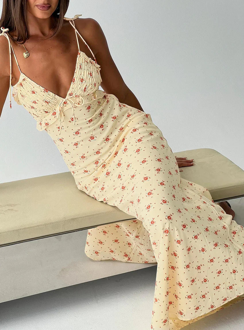 Morcar Frill V Neck Maxi Dress Yellow Floral