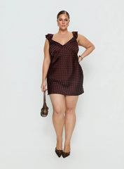 Kamillah Frill Mini Dress Burgundy Polka Dot Curve
