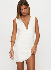 Everelle Ruched Embroidered Mini Dress White