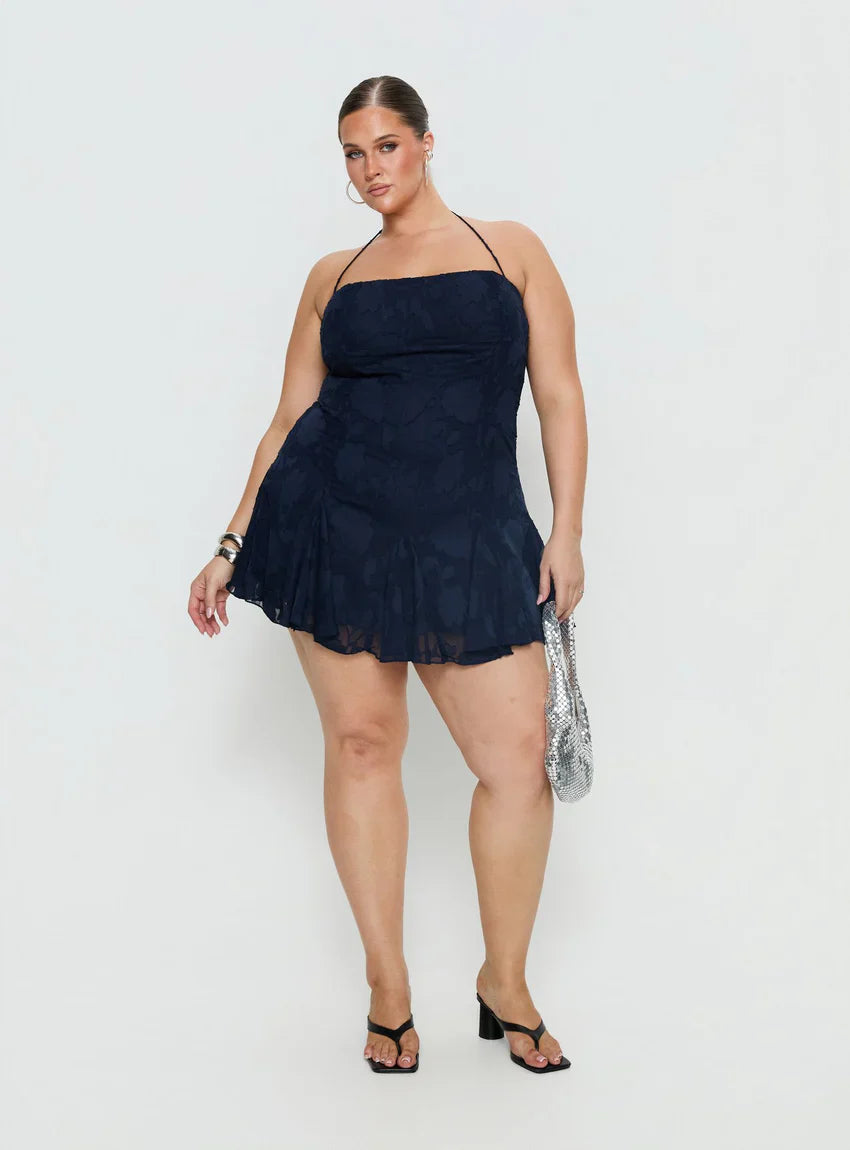 Delamere Mini Dress Navy Burnout Curve – Polly Lulu