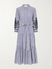 Belted tiered embroidered striped cotton-poplin midi dress